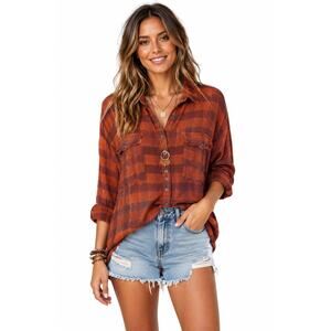 Free People Rust Plaid Button Down Top XS Boho Lightweight Oversized Festival